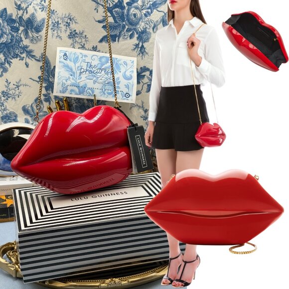 🆕 LULU GUINNESS 🧿 NWT Large Red Iconic Lips Perspex Clutch on a Chain Bag - Picture 1 of 16